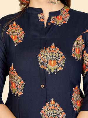 Vbuyz Women's Block Print A line Rayon Blue Stitched Kurta 7