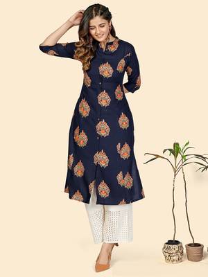 Vbuyz Women's Block Print A line Rayon Blue Stitched Kurta 8