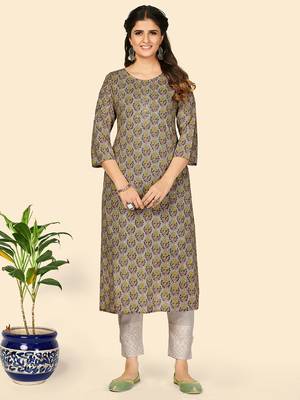 Vbuyz Women's Print & Sequience Straight Cotton Olive  Stitched Kurta 1