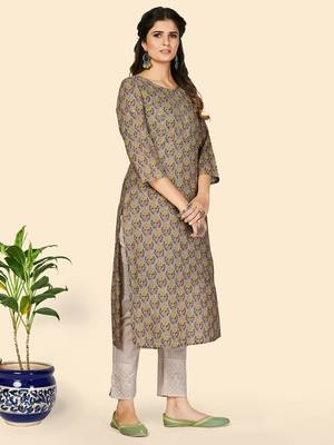 Vbuyz Women's Print & Sequience Straight Cotton Olive  Stitched Kurta 3
