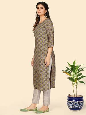 Vbuyz Women's Print & Sequience Straight Cotton Olive  Stitched Kurta 4