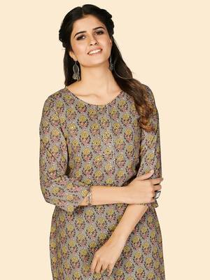 Vbuyz Women's Print & Sequience Straight Cotton Olive  Stitched Kurta 5