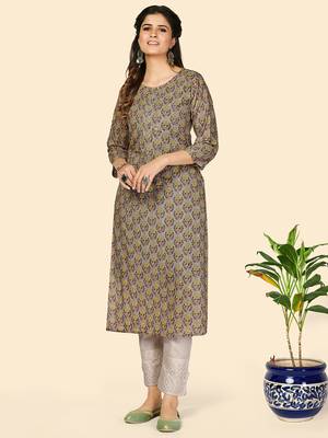 Vbuyz Women's Print & Sequience Straight Cotton Olive  Stitched Kurta 7