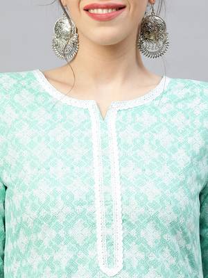 Indo Era Sea Green Khari Printed Straight Kurta with Pant Sets 5