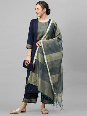 Indo Era Navy Blue Solid Kurta Palazzo with Dupatta Sets 4