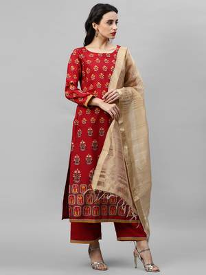 Indo Era Red Foil Floral Printed Kurta Palazzo with Dupatta Sets 4