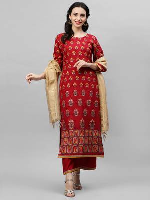 Indo Era Red Foil Floral Printed Kurta Palazzo with Dupatta Sets 5