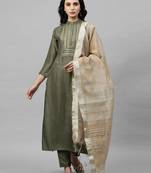 Indo Era Green Embroidered Straight Kurta Trouser with Dupatta Sets