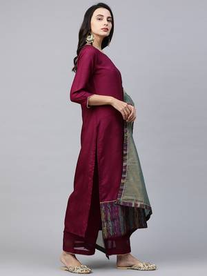 Indo Era Wine Solid Straight Kurta Palazzo with Dupatta Sets 4