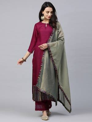Indo Era Wine Solid Straight Kurta Palazzo with Dupatta Sets 5