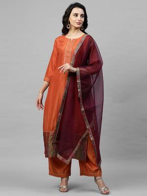 Indo Era Orange Solid Straight Kurta Palazzo with Dupatta Sets 1