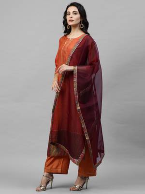 Indo Era Orange Solid Straight Kurta Palazzo with Dupatta Sets 3