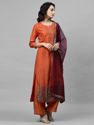 Indo Era Orange Solid Straight Kurta Palazzo with Dupatta Sets 4