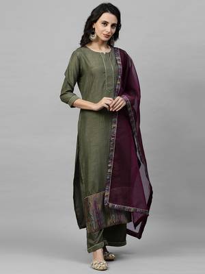 Indo Era Green Solid Straight Kurta Palazzo with Dupatta Sets 1