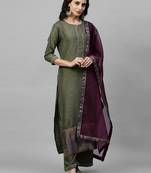 Indo Era Green Solid Straight Kurta Palazzo with Dupatta Sets