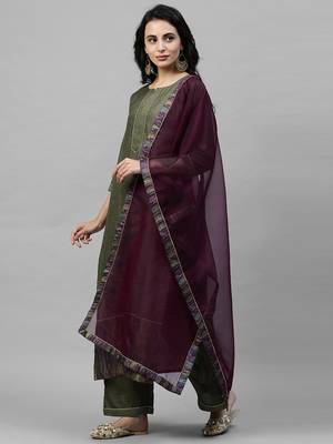 Indo Era Green Solid Straight Kurta Palazzo with Dupatta Sets 3