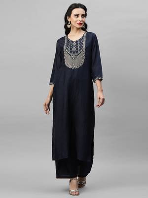 Indo Era Navy Blue Embroidered Straight Kurta with Palazzo Sets 1