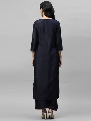Indo Era Navy Blue Embroidered Straight Kurta with Palazzo Sets 2