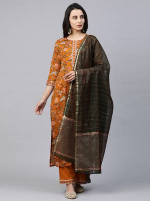 Indo Era Mustard Printed Straight Kurta Palazzo with Dupatta Sets 1