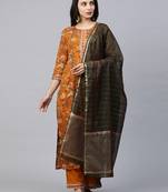 Indo Era Mustard Printed Straight Kurta Palazzo with Dupatta Sets