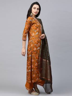 Indo Era Mustard Printed Straight Kurta Palazzo with Dupatta Sets 4
