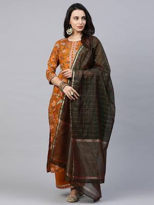 Indo Era Mustard Printed Straight Kurta Palazzo with Dupatta Sets 5