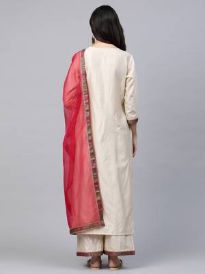 Indo Era Off White Solid Straight Kurta Palazzo with Dupatta Sets 2