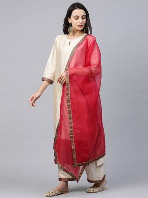 Indo Era Off White Solid Straight Kurta Palazzo with Dupatta Sets 3