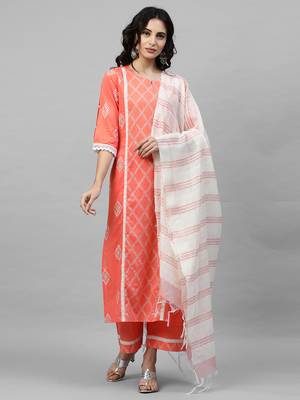 Indo Era Peach Khari Printed Straight Kurta Palazzo with Dupatta Sets 1