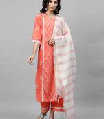 Indo Era Peach Khari Printed Straight Kurta Palazzo with Dupatta Sets