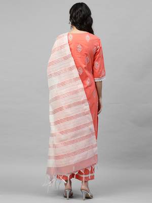 Indo Era Peach Khari Printed Straight Kurta Palazzo with Dupatta Sets 2