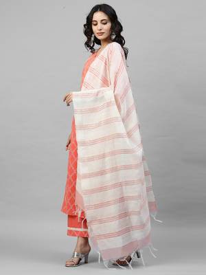 Indo Era Peach Khari Printed Straight Kurta Palazzo with Dupatta Sets 3