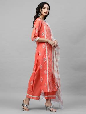 Indo Era Peach Khari Printed Straight Kurta Palazzo with Dupatta Sets 4