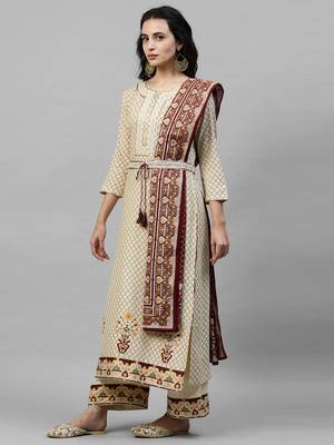 Indo Era Off White Foil Printed Straight Kurta Palazzo with Dupatta Sets 3
