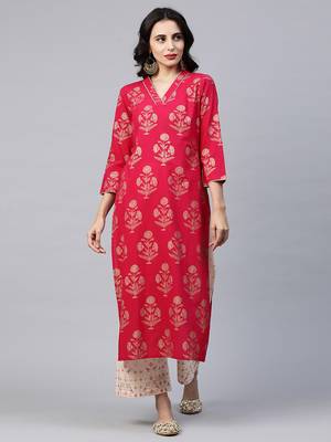Indo Era Pink Foil Printed Straight Kurta with Palazzo Sets 1