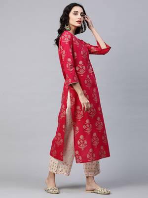 Indo Era Pink Foil Printed Straight Kurta with Palazzo Sets 4
