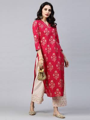 Indo Era Pink Foil Printed Straight Kurta with Palazzo Sets 5