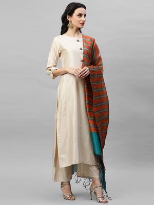 Indo Era Cream Solid Straight Kurta Palazzo with Dupatta Sets 4
