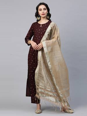 Indo Era Maroon Foil Printed Straight Kurta Palazzo with Dupatta Sets 1