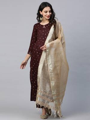 Indo Era Maroon Foil Printed Straight Kurta Palazzo with Dupatta Sets 5