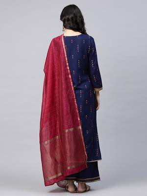 Indo Era Blue Foil Printed Straight kurta Palazzo with Dupatta Sets 2