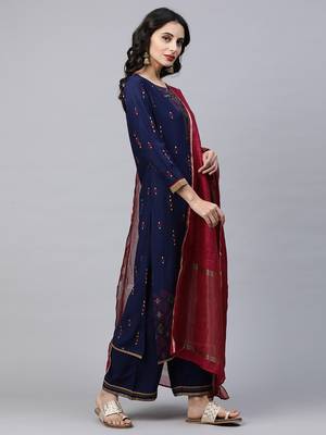 Indo Era Blue Foil Printed Straight kurta Palazzo with Dupatta Sets 4