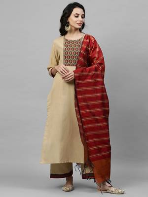 Indo Era Beige Solid Kurta Palazzo with Dupatta Sets 1