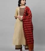 Indo Era Beige Solid Kurta Palazzo with Dupatta Sets