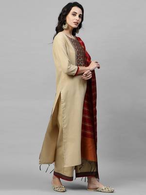 Indo Era Beige Solid Kurta Palazzo with Dupatta Sets 4