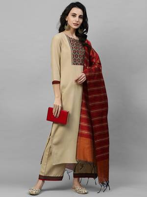 Indo Era Beige Solid Kurta Palazzo with Dupatta Sets 5