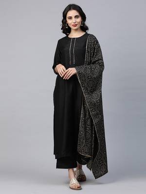 Indo Era Black Solid Kurta Palazzo with Dupatta Sets 1