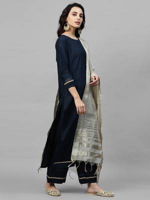Indo Era Navy Blue Solid Kurta Palazzo with Dupatta Sets 4
