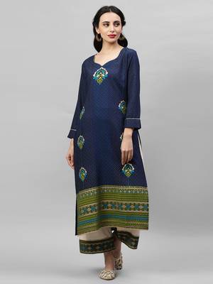 Indo Era Blue Foil Printed Straight kurta Palazzo Sets 1