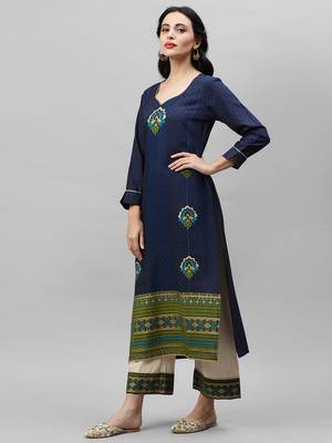 Indo Era Blue Foil Printed Straight kurta Palazzo Sets 3
